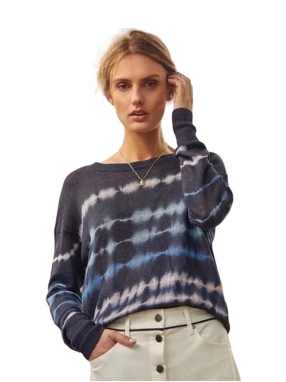White + Warren Navy and Light Blue Tie-Dye Crewneck Sweater